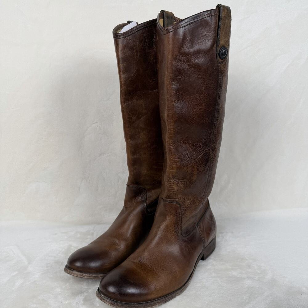 Frye Melissa Button Tall Boots Women 9.5 Brown Leather Riding Distressed